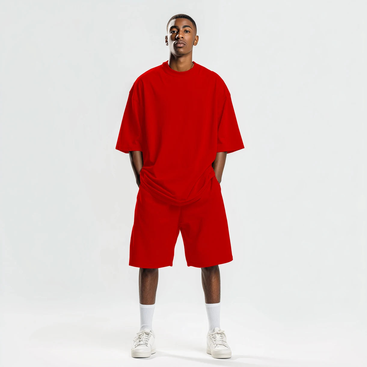 Big and Tall Oversized Men's T-Shirt and Shorts Sets 250G Heavy Drop Shoulder Relaxed Plus Size Tracksuit Outfit Bulk Wholesale