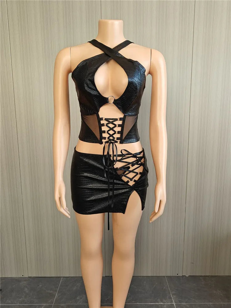 Serpentine Pu 2 Piece Set Women Sexy Hollow Out Cross Halter Backless Lace up Tank Crop Tops Split Bodycon Mini Skirts
