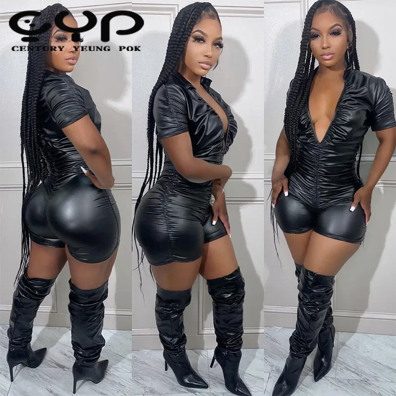 Sexy Deep V Neck Casual PU Leather Rompers Short Jumpsuit for Women New Design Breathable Patchwork Decoration Great for Parties