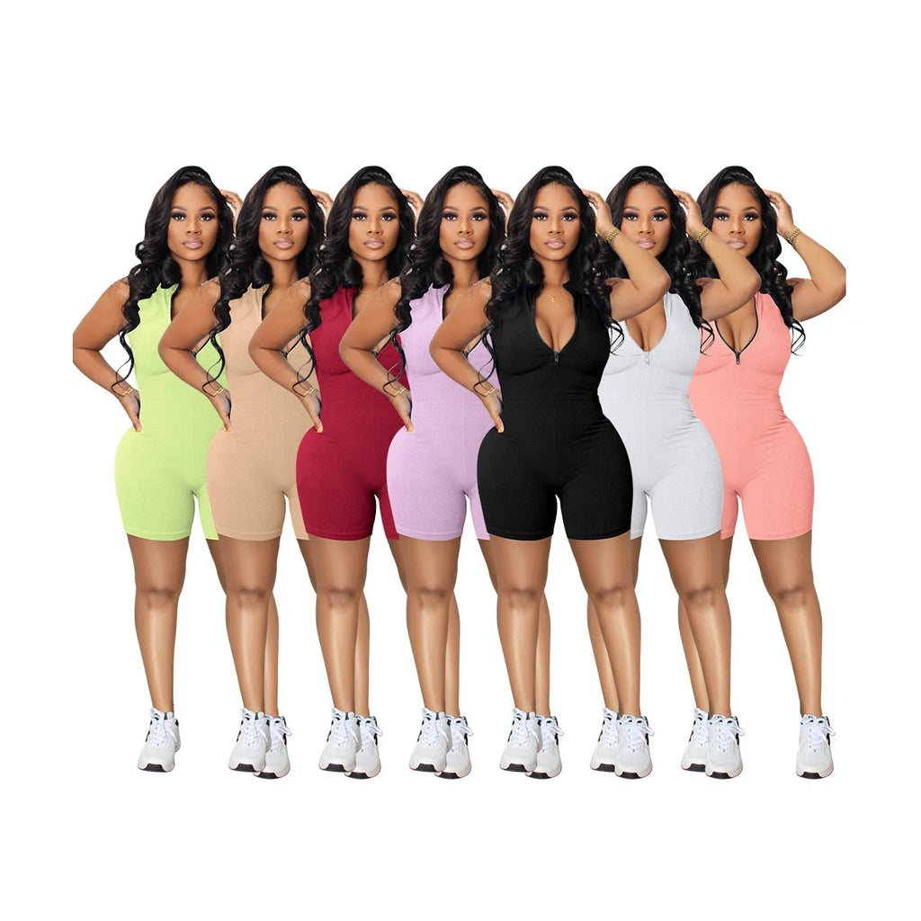 2024 New Summer Ribbed Zipper V Neck Bodycon Rompers Women Plus Size Jumpsuit Fitness Jumpsuit Women