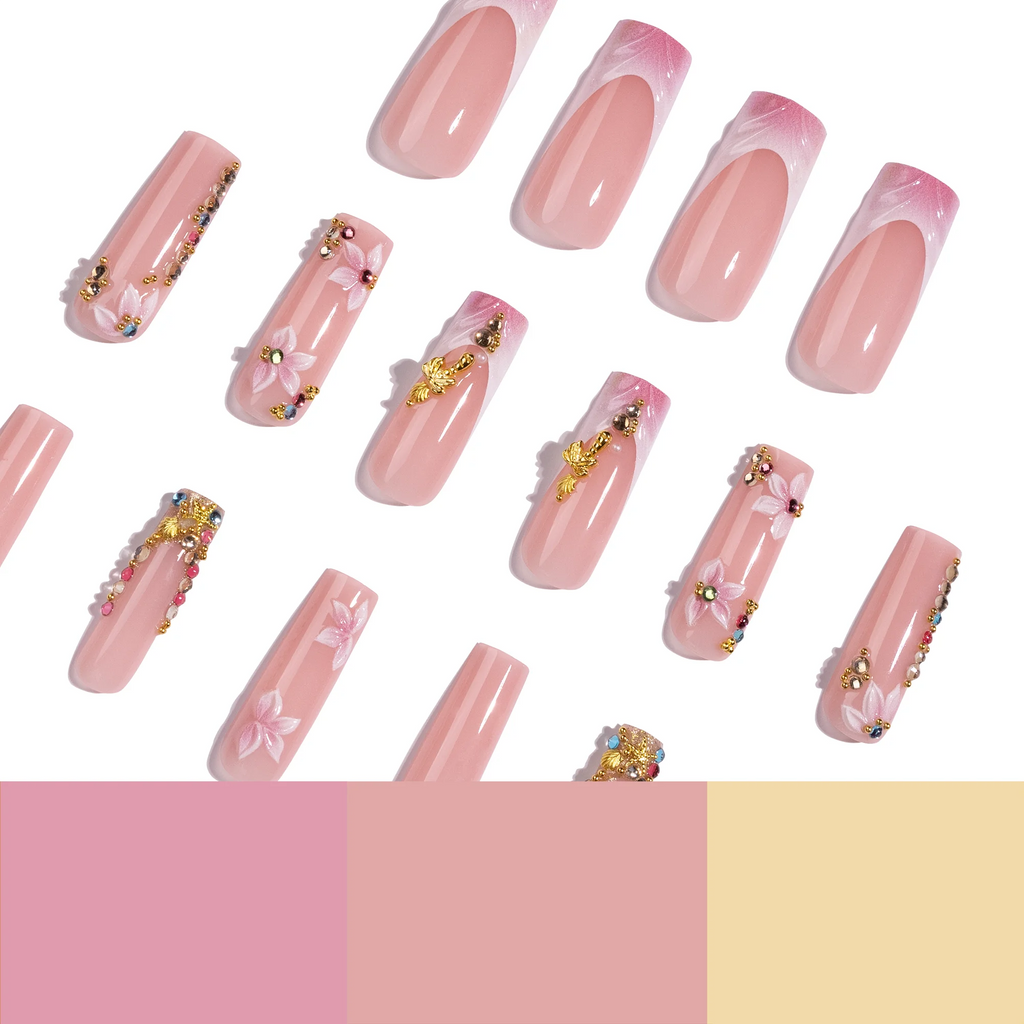 24pcs 4351 PMMA Chic Flower Nail Art Medium Square False Nails Artificial Fingernails Customize OEM ODM