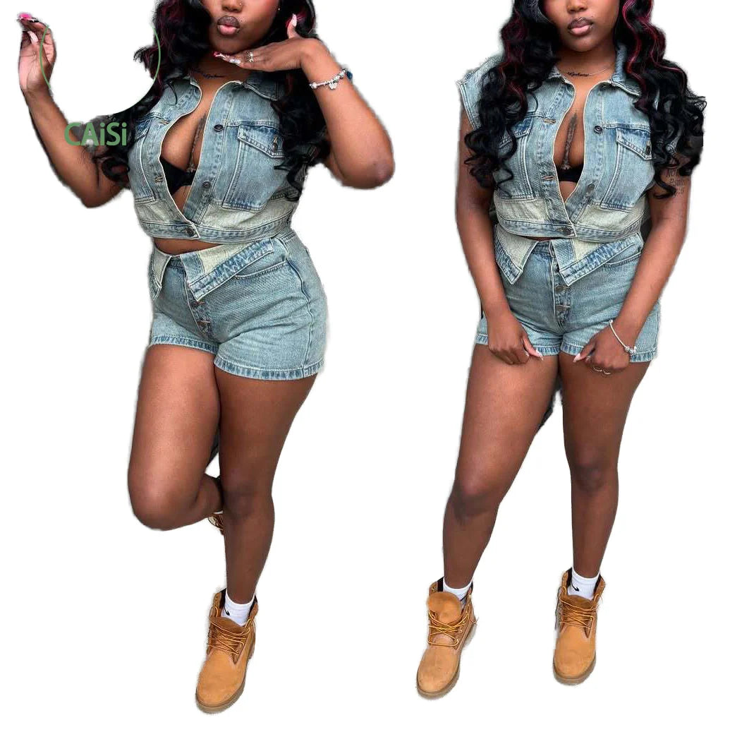 New 2025 Fashion Casual Denim Two Piece Shorts Set Women Clothing Slimming Jeans Tops Shorts Denim Set for Women