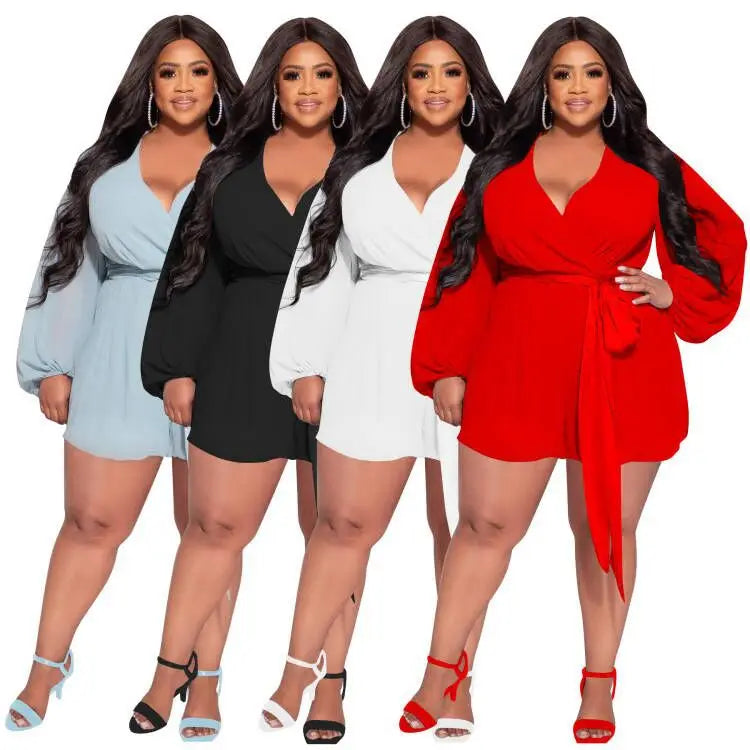 BH1058 Plus Size Autumn Women Breathable Casual Loose Fit Solid Color Chiffon Sexy Short Above Knee Romper with Belt