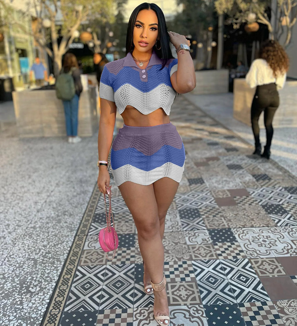 Women's Casual Sexy Dress Stitching Nude Empty Ladies Ruffle Sweater Crop Top Short Sets Women Two Piece Skirt Set Sweaters