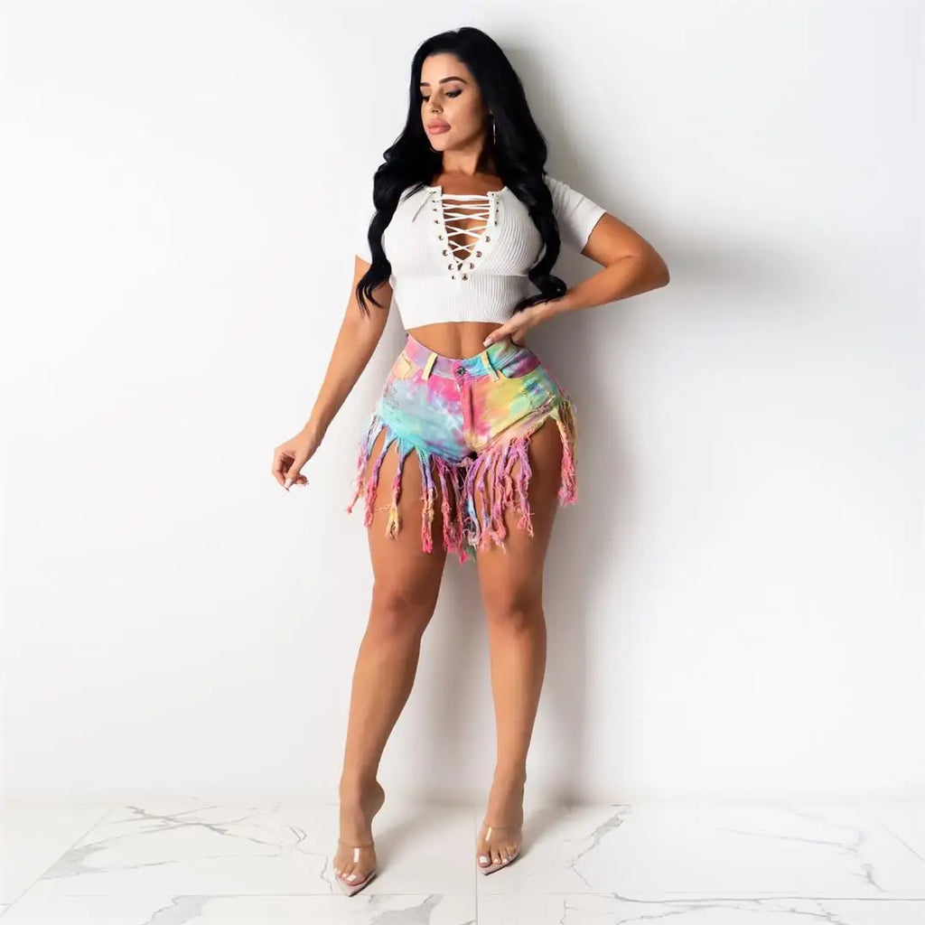 2026 Summer New Fashion Tie Dye Long tassel Denim Shorts For Women High Elasticity Skinny Jeans Shorts Street Trendy Clothing