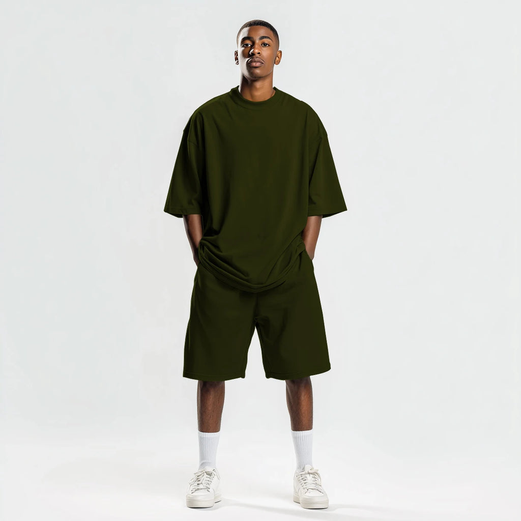 Big and Tall Oversized Men's T-Shirt and Shorts Sets 250G Heavy Drop Shoulder Relaxed Plus Size Tracksuit Outfit Bulk Wholesale