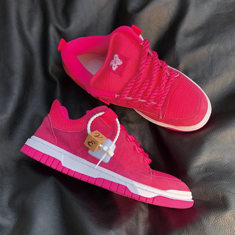 Hot Pink Streetwear Woman Sneakers Breathable Mesh Skate Shoes with Chunky Rope Laces Women Vate Pink Mesh Thick Sole Platform