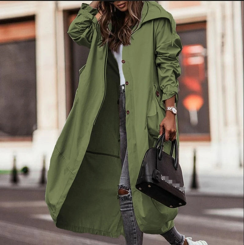 Long Trench Coat Ladies Autumn Jacket Long Sleeve Turn Down Collar Pockets Zipper up Trench Coats Windbreaker Woman Clothing