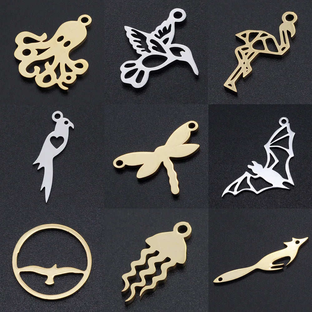 10pcs/lot Animal Jellyfish DIY Charms Wholesale 316 Stainless Steel Fox Bat Connectors Charm Bird Parrot Owl Jewelry Pendant