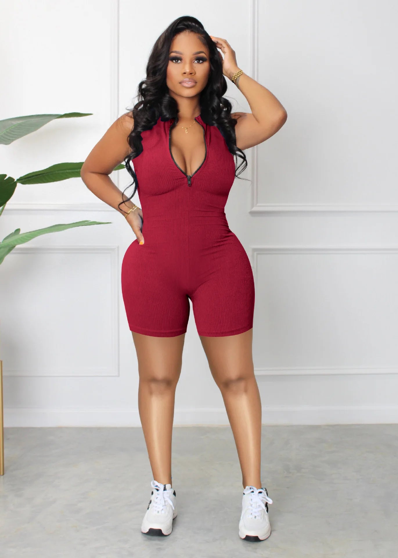 2024 New Summer Ribbed Zipper V Neck Bodycon Rompers Women Plus Size Jumpsuit Fitness Jumpsuit Women