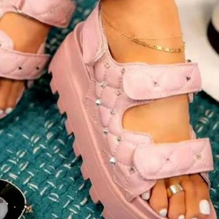 Women's European American Summer Sandals New 24th Year Thick-Soled Platform Roman Velcro Fastening Plaid Muffin Design Plus Size