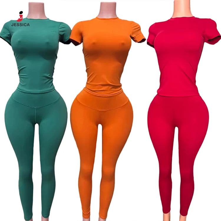 J8455-trendy Solid Color Seamless Legging 2 Piece Set Lady Yoga Wear Jogger Two Piece Set Women Tracksuit