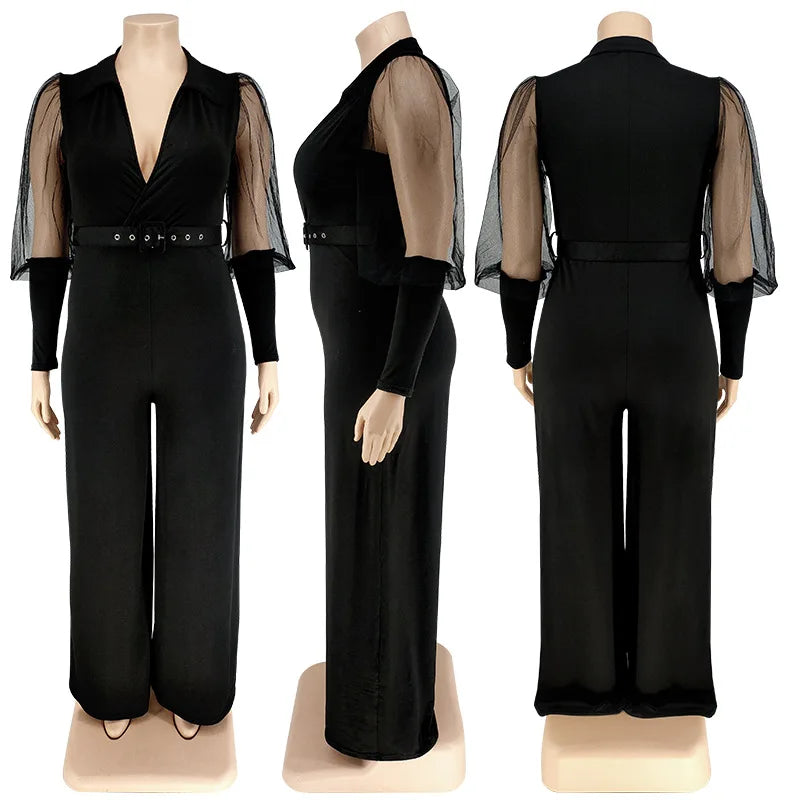 J2182 Trendy Jumpsuit Women Clothing Plus Size Women's V-Neck Long Sleeve Wide Leg Jumpsuit for Ladies