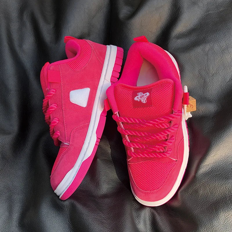 Hot Pink Streetwear Woman Sneakers Breathable Mesh Skate Shoes with Chunky Rope Laces Women Vate Pink Mesh Thick Sole Platform