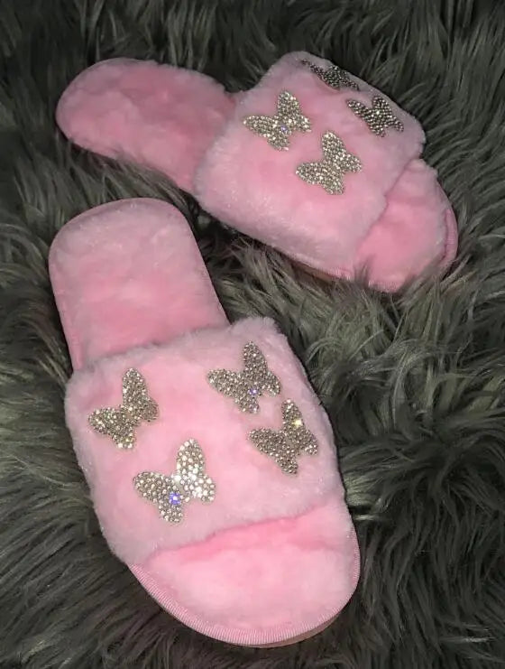 2025 autumn/winter women new round-toe thick-soled flat mid-heel fur sandals bowknot rhinestone slippers Home slippers