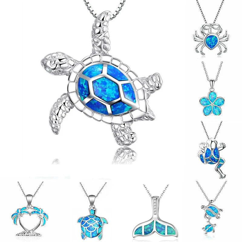Boho Cute Sea Dolphin Pendant Necklace for Girl Statement Women Accessories Fashion Imitation Blue Opal Necklace Jewelry Gifts