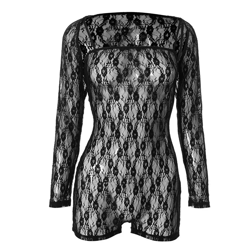 Ladies' Sexy Hollowed-Out Long-Sleeved Elastic High Waist Jumpsuit Spring Fashion Fishnet Backless Stockings Pantyhose Tights