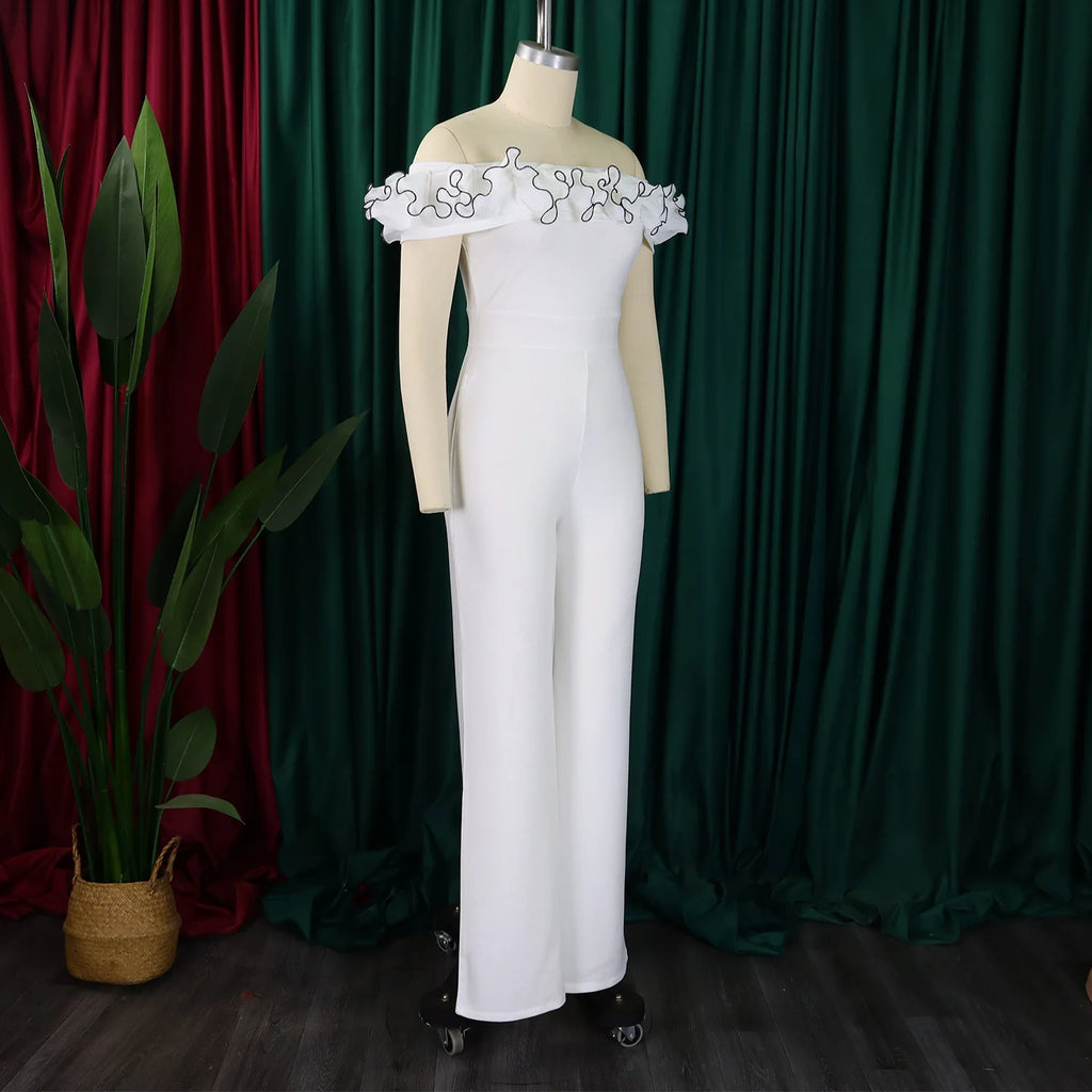 D523 Latest Design Elegant Female Jumpsuit Women Tight Slim Solid Color Ruffles Off Shoulder Short Sleeve Jumpsuit for Ladies