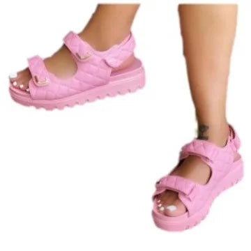 Women's Flat Sandals with Round Toe Breathable Height Increasing Exposed Sponge Cake Design Spring Season Size 43 Thick Soled