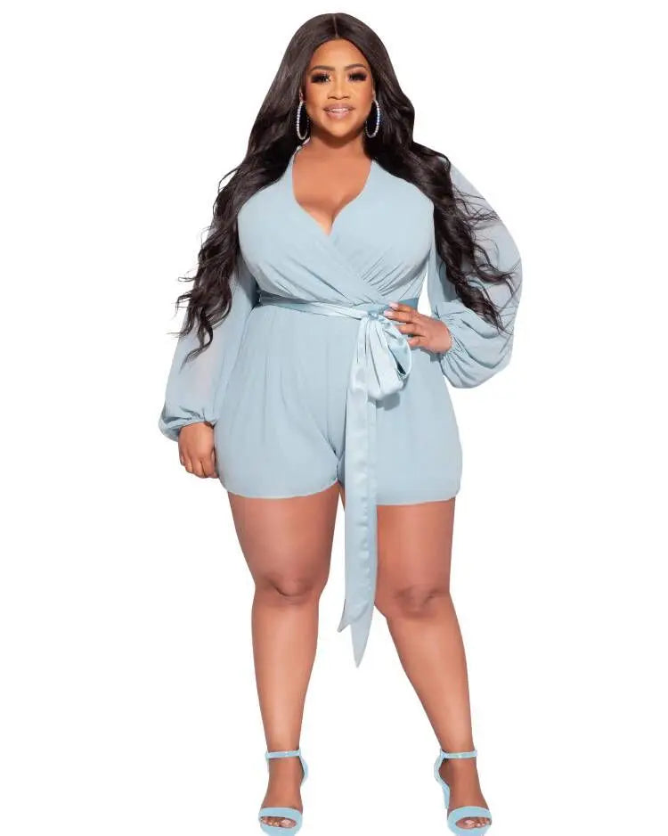 BH1058 Plus Size Autumn Women Breathable Casual Loose Fit Solid Color Chiffon Sexy Short Above Knee Romper with Belt