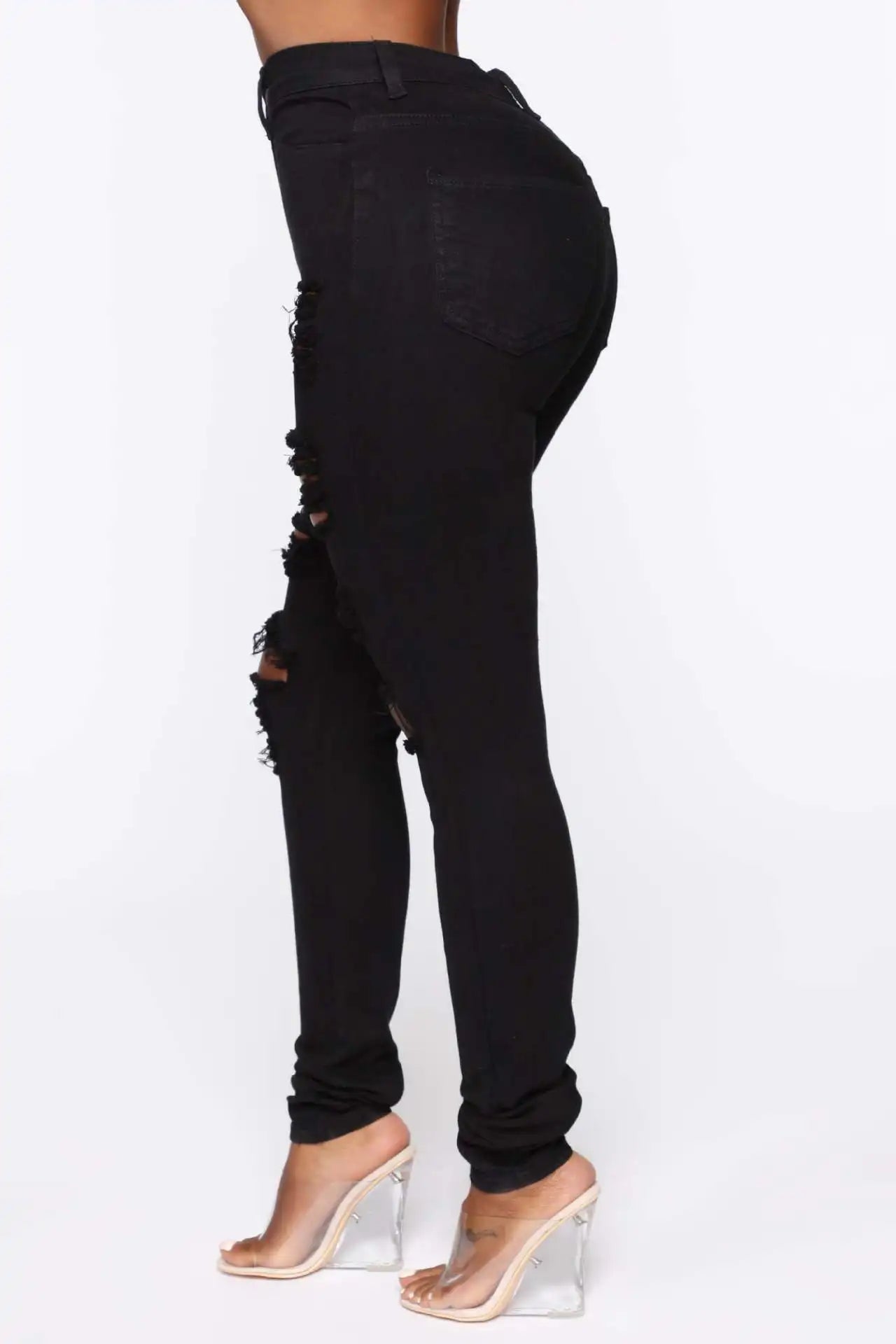 2025 Summer New Fashion Trend Cool Street Black and White Elastic Ripped Jeans Women's Pants