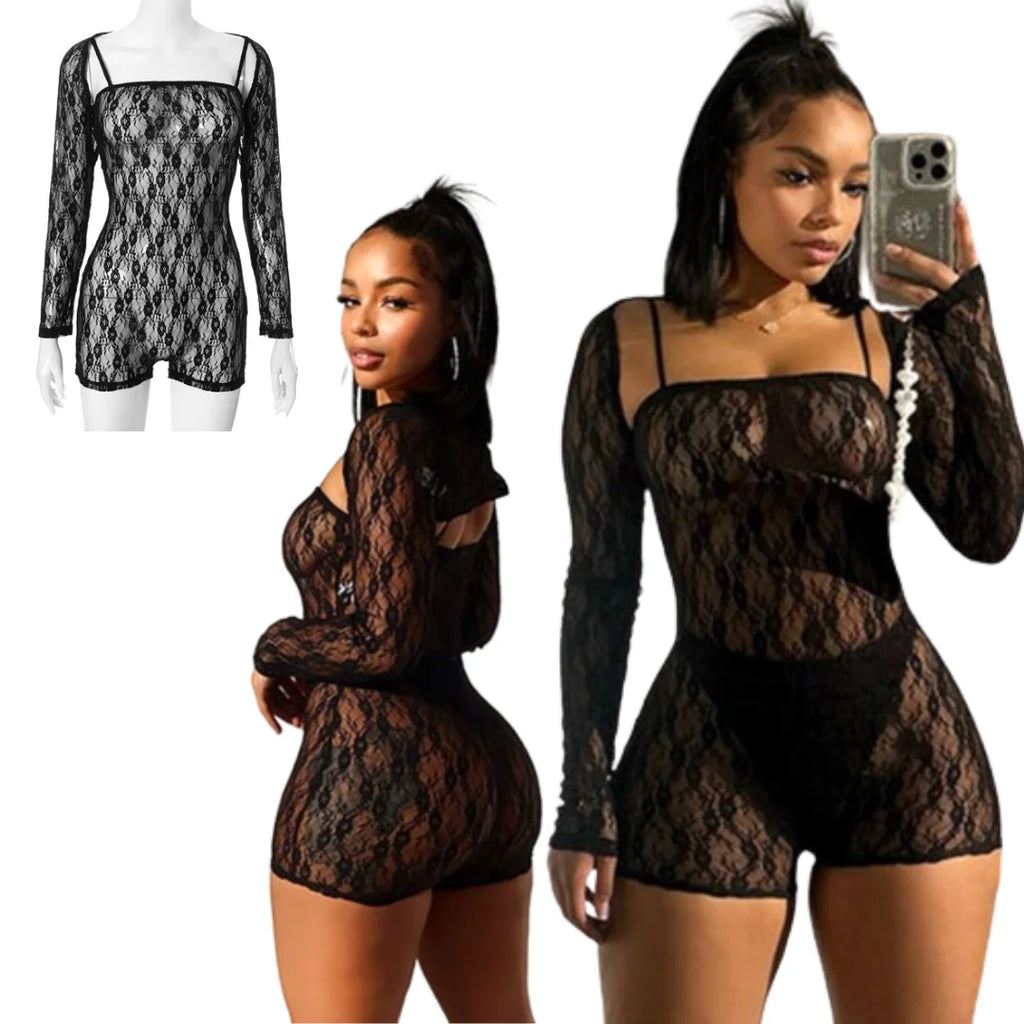 Ladies' Sexy Hollowed-Out Long-Sleeved Elastic High Waist Jumpsuit Spring Fashion Fishnet Backless Stockings Pantyhose Tights