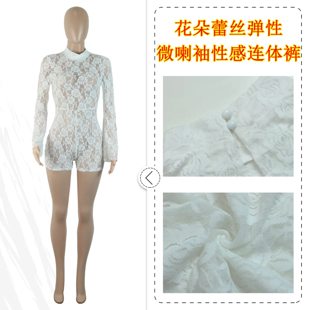 Women Sexy Lace Mesh Romper Skin Tight Cut Out Jumpsuit See Thru Body Shaping Red Lace Jumpsuit