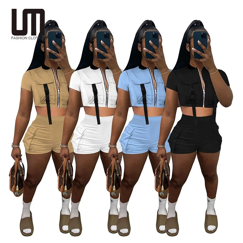 Clearance Sales Trending Product Women Casual 2 Piece Outfit Workout Fitness Zipper Crop Top and Shorts Sets