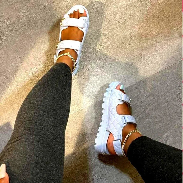 Women's Flat Sandals with Round Toe Breathable Height Increasing Exposed Sponge Cake Design Spring Season Size 43 Thick Soled