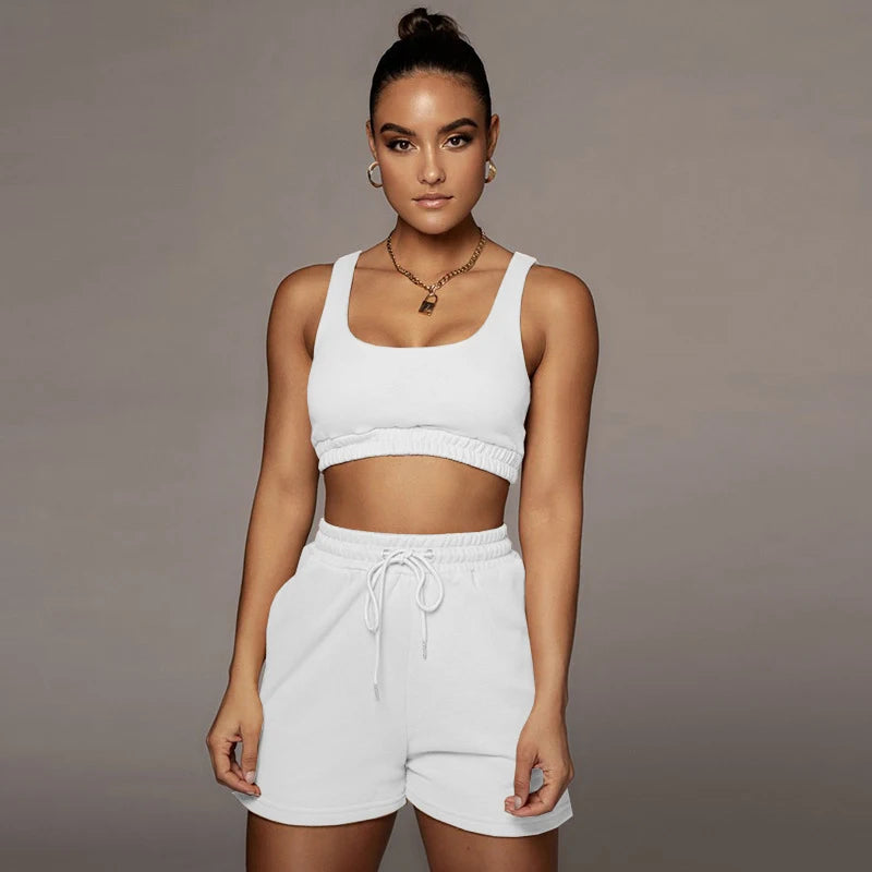 Crop Tops And Drawstring Shorts Set Sexy U-Neck Fitness Tank Top Summer Athleisure Biker Shorts Two Piece Sets Women Streetwear