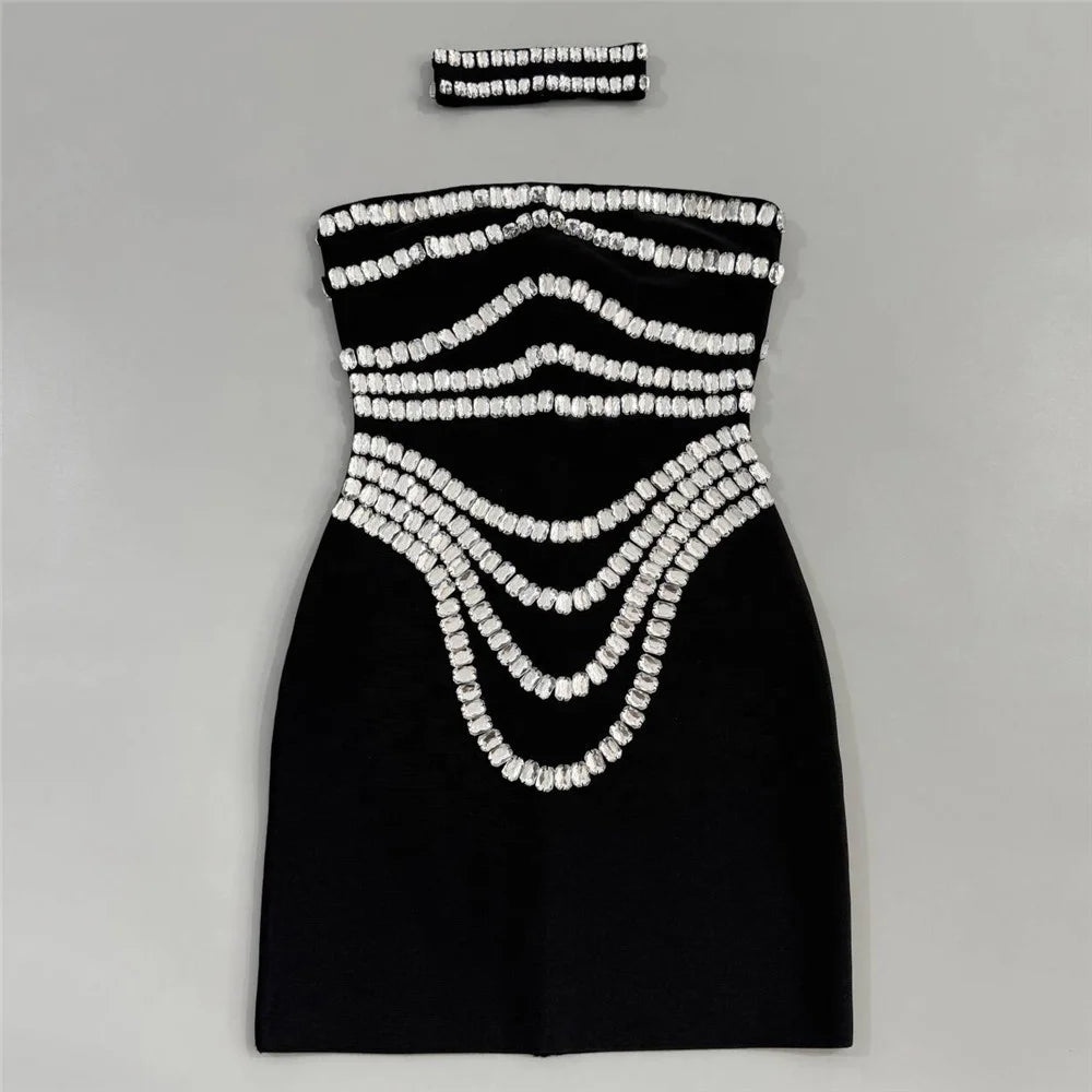 Women Strapless Bodycon Bandage Dress Sexy Beading Summer Celebrity Evening Party Mini Dresses