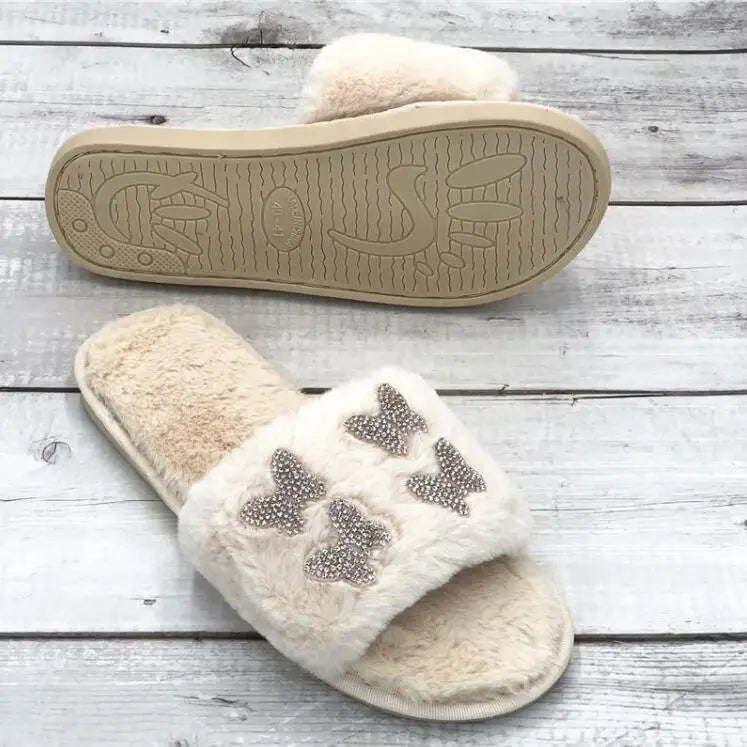 2025 autumn/winter women new round-toe thick-soled flat mid-heel fur sandals bowknot rhinestone slippers Home slippers