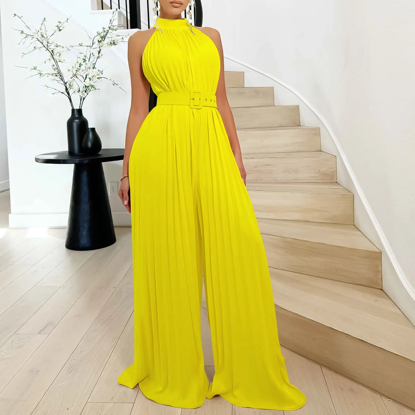 C8588 Latest Design Summer Jumpsuit Women Fashion Solid Color Sleeveless Sexy Pleated Wide Leg Jumpsuit With Belt