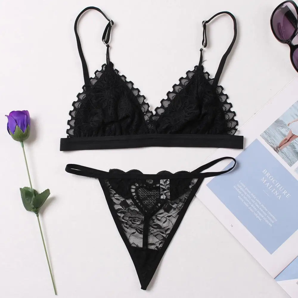 2pcs Sexy Woman Bra And Panty   Lace Bra Wire Free Bralette Lingerie Female Seamless Unpadded Transparent Brassiere bra set