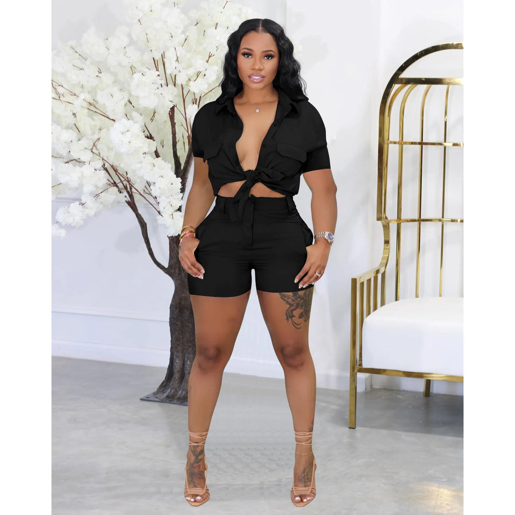 Shirt Two Piece Shorts Set Causal Summer Clothing Button Two Pieces Shorts Set Shirt Turn-Down Collar Women Outfit