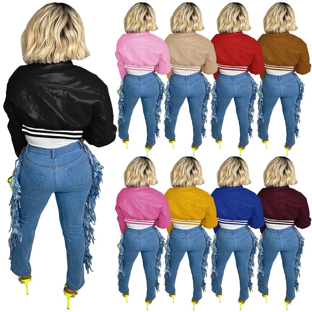 Winter Fall Women Clothes Fashion Wholesale Blank Crop Jackets Leather Baseball Women