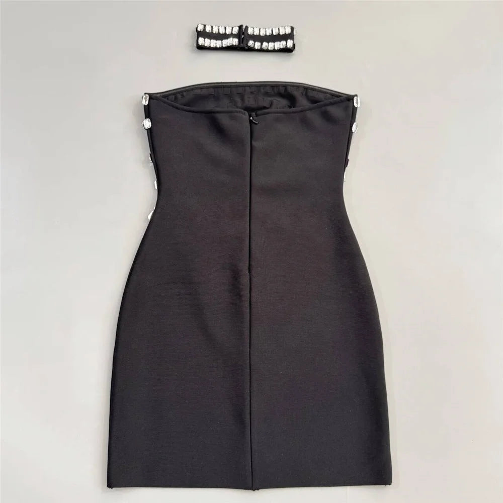 Women Strapless Bodycon Bandage Dress Sexy Beading Summer Celebrity Evening Party Mini Dresses