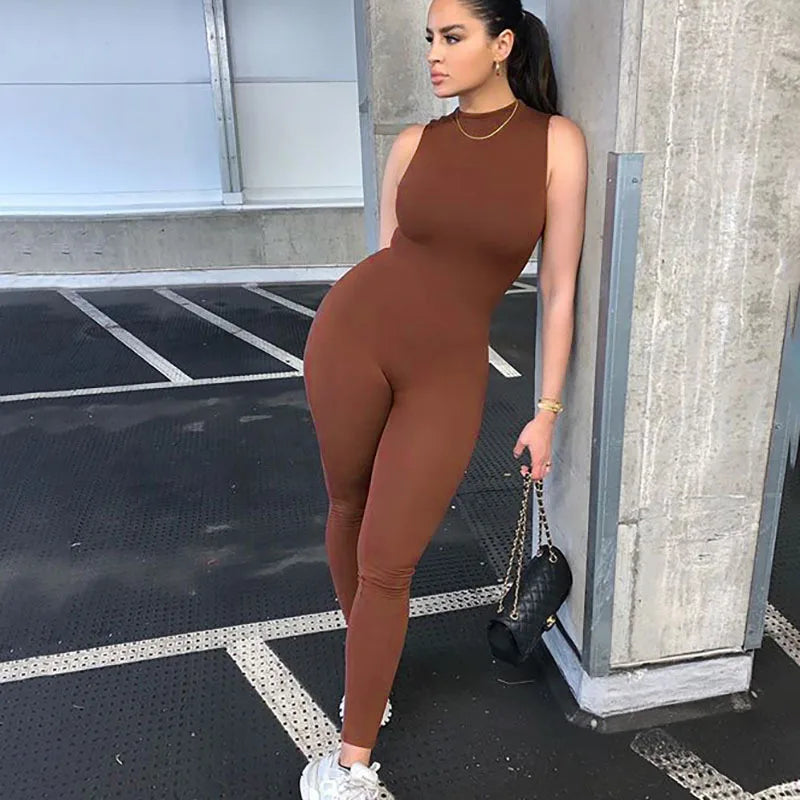 BH763  Women Sexy  Solid Color  Bodycon Sleeveless  Sport Jumpsuit