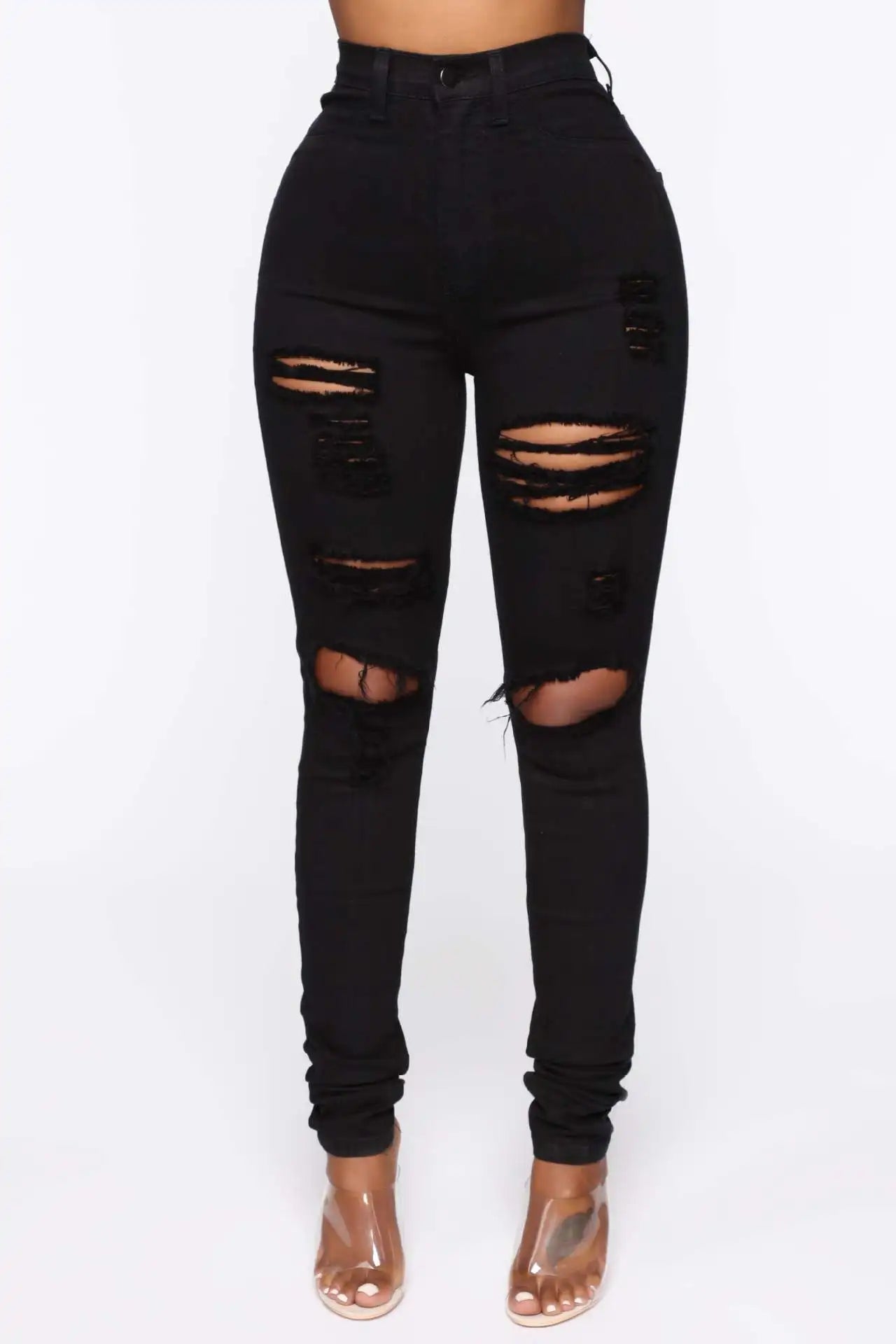 2025 Summer New Fashion Trend Cool Street Black and White Elastic Ripped Jeans Women's Pants