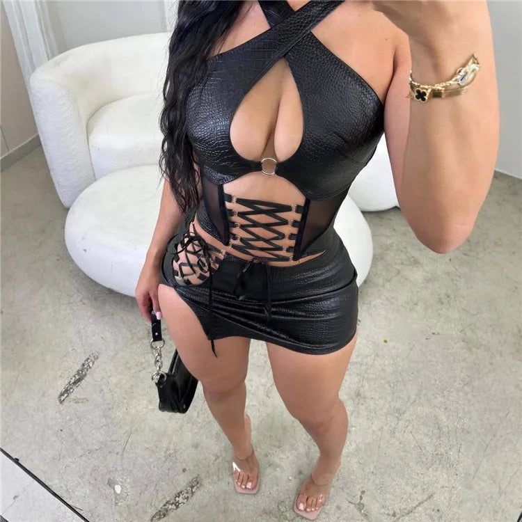 Serpentine Pu 2 Piece Set Women Sexy Hollow Out Cross Halter Backless Lace up Tank Crop Tops Split Bodycon Mini Skirts