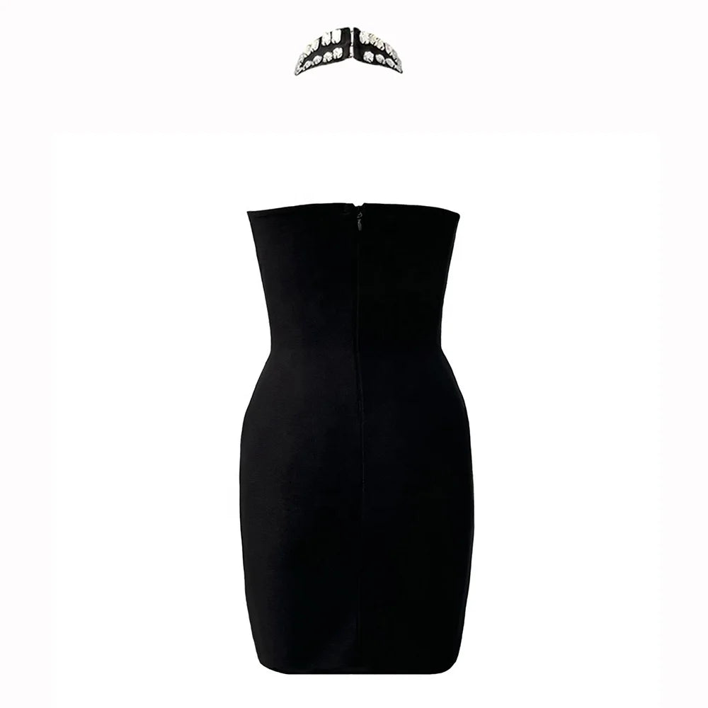 Women Strapless Bodycon Bandage Dress Sexy Beading Summer Celebrity Evening Party Mini Dresses