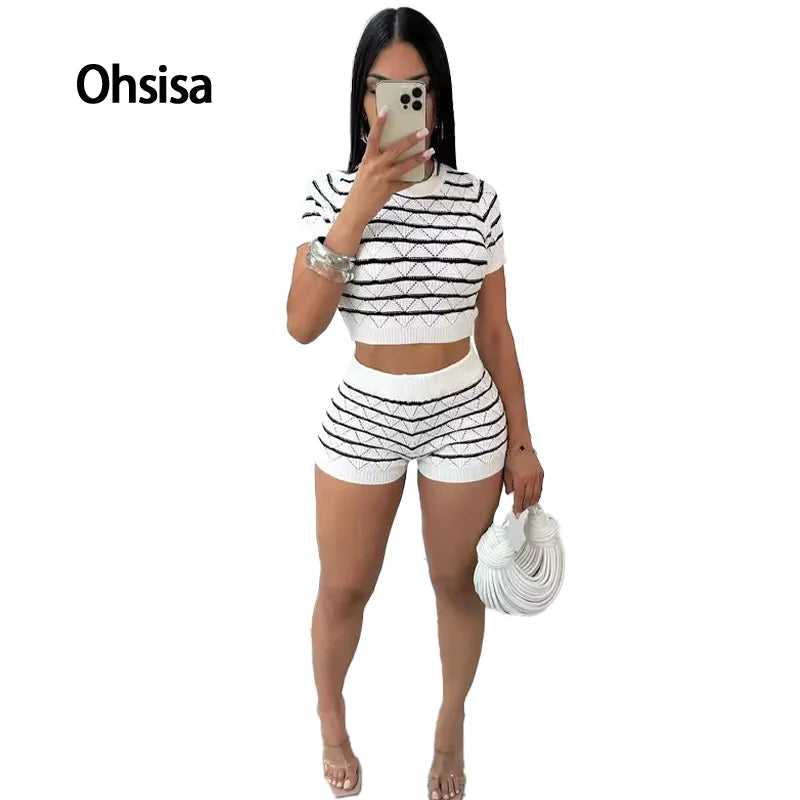 Ohsisa 2025 New Fashion Casual Sweater Suit European American  Knitting Fabric Solid Pattern Skinny Fit for Summer  Woman Suit