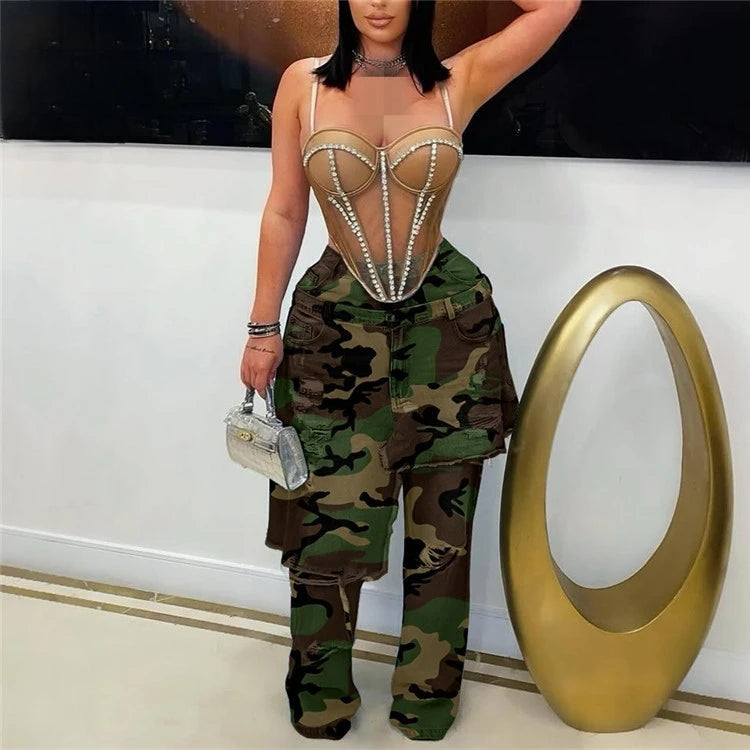 2025 Fall Women's Ripped Out Stretchy Denim Pants Sexy High Waist Hole Camouflage Straight-leg Jeans Y2k Streetwear
