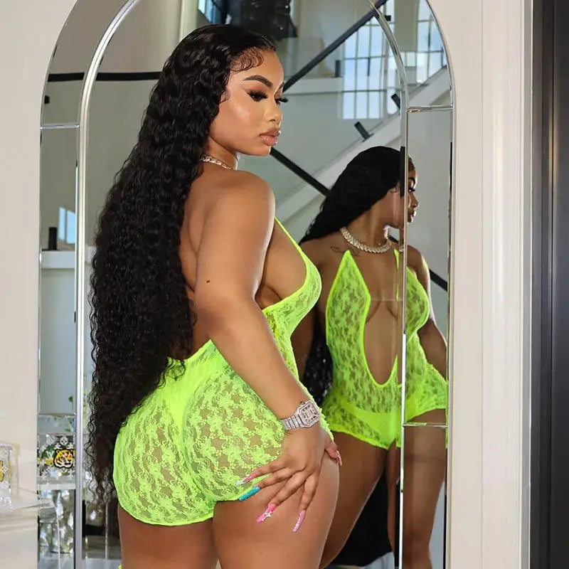2024 Women's Sexy Solid Bodycon Jumpsuit New See-Through Deep V-Neck Sleeveless with Lace-up Backless Detail for Summer Sports