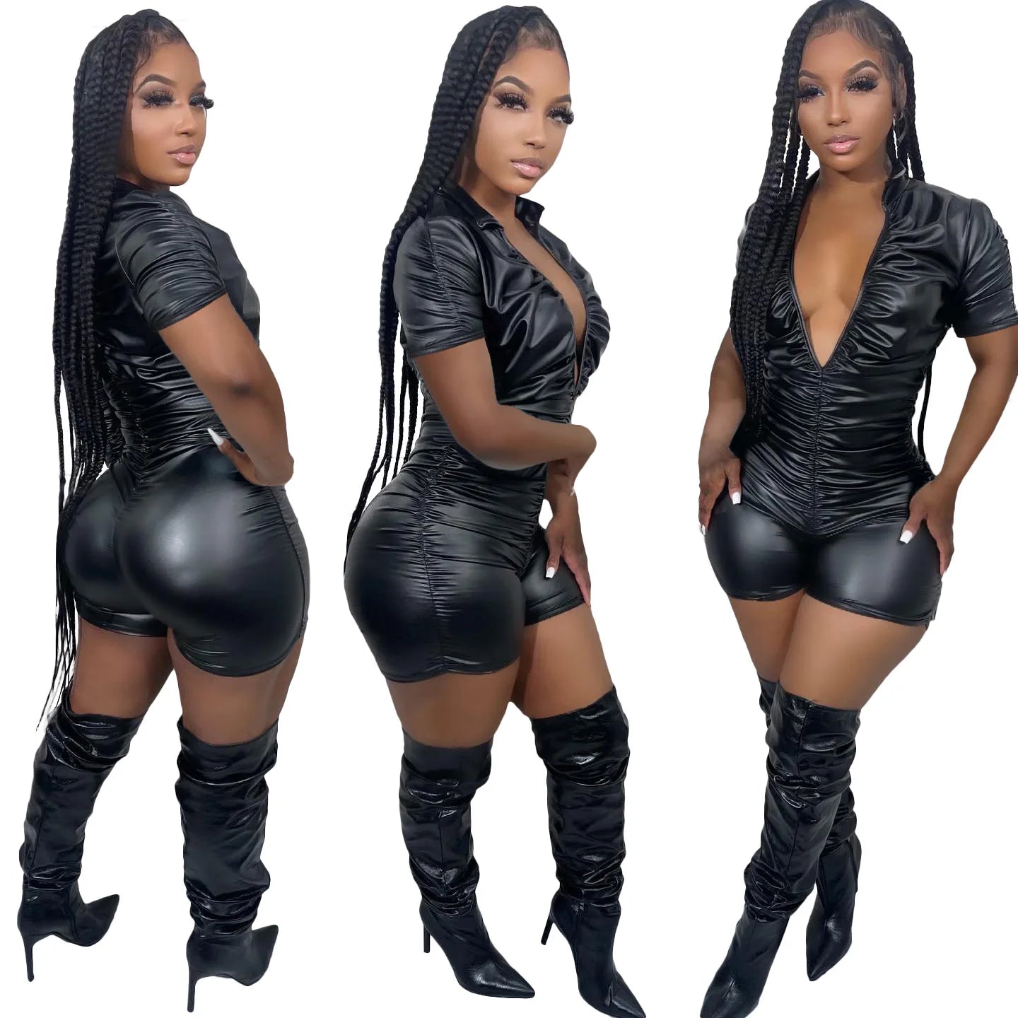 Sexy Deep V Neck Casual PU Leather Rompers Short Jumpsuit for Women New Design Breathable Patchwork Decoration Great for Parties