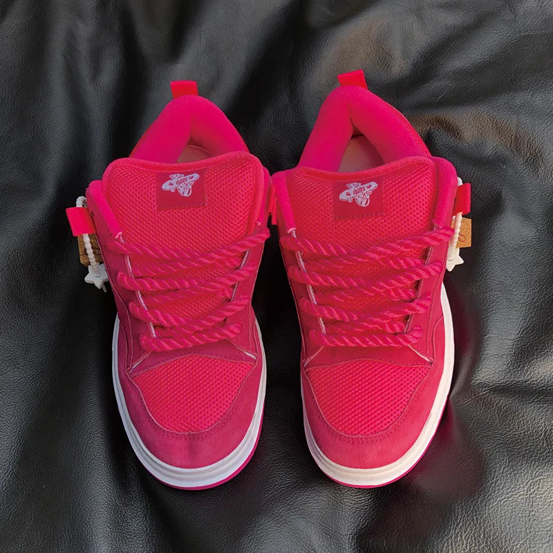 Hot Pink Streetwear Woman Sneakers Breathable Mesh Skate Shoes with Chunky Rope Laces Women Vate Pink Mesh Thick Sole Platform