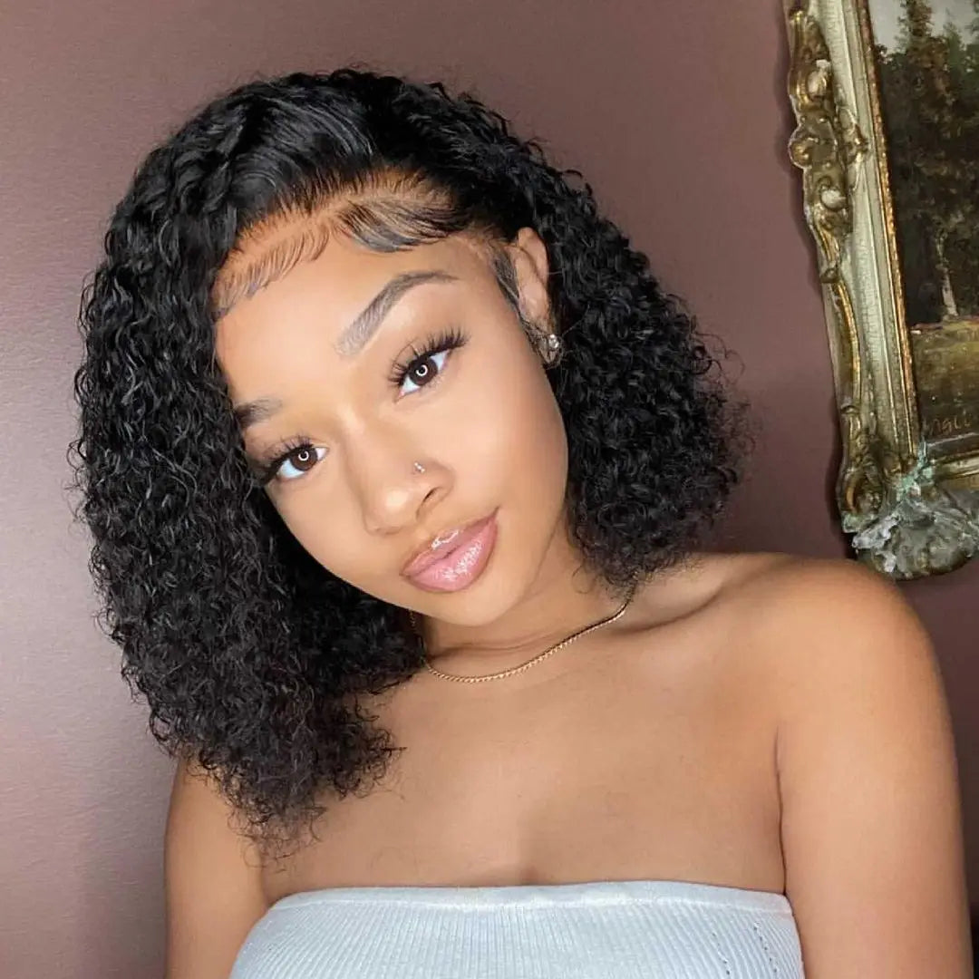 Natural Color Lace Frontal Human Hair Wig Raw Virgin Hair With Natural Hairline 180% Density Glueless Bob Curly Lace Front Wig