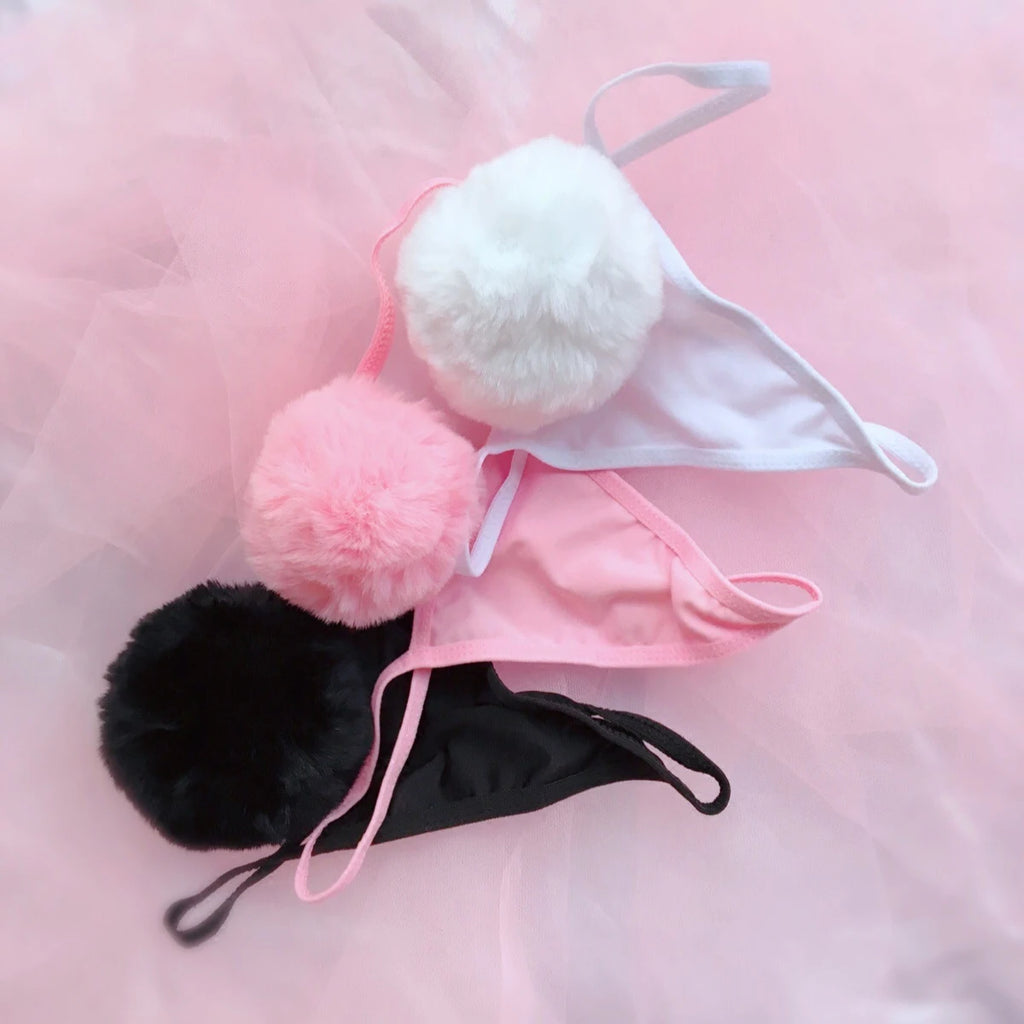 Homemade Panties White Pink Black Sweet Rabbit Tail Sexy Temptation Ball Tail Knicker Lingerie Women Thongs and G Strings