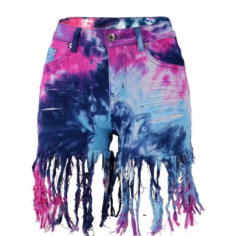 2026 Summer New Fashion Tie Dye Long tassel Denim Shorts For Women High Elasticity Skinny Jeans Shorts Street Trendy Clothing