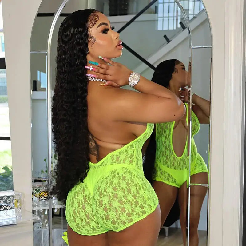 2024 Women's Sexy Solid Bodycon Jumpsuit New See-Through Deep V-Neck Sleeveless with Lace-up Backless Detail for Summer Sports